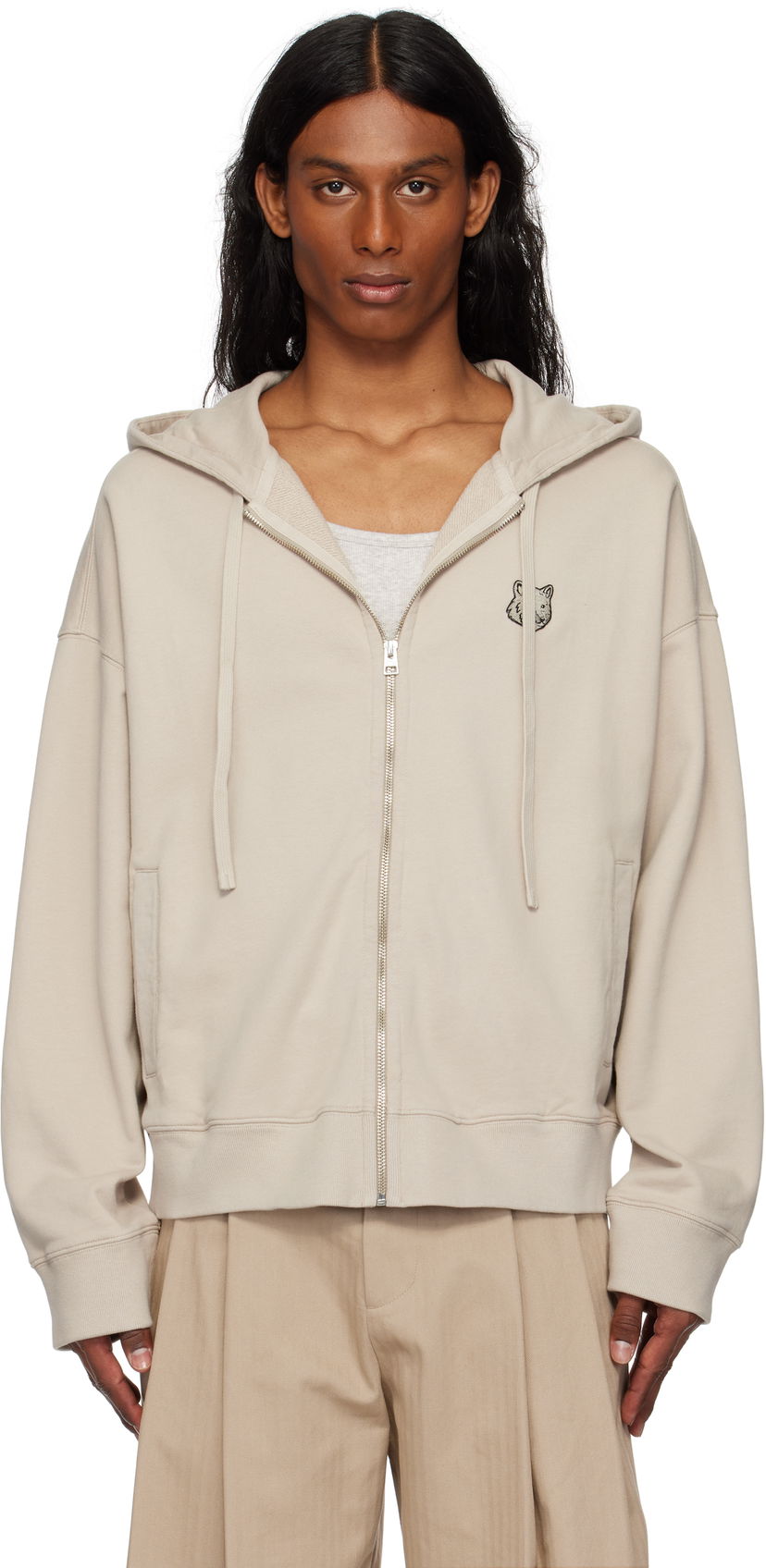 Pulover MAISON KITSUNÉ Maison Kitsuné Bold Fox Head Patch Oversize Fullzip Hoodie Bež | OM02138KM0001