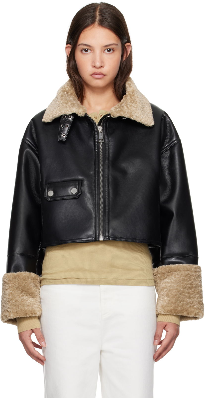 Jakna Nanushka Faux Leather Cropped Jacket Črna | NW24FWOW38170