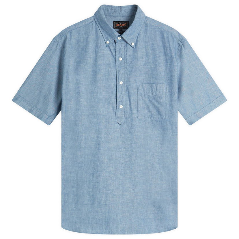Srajce BEAMS Beams Plus Button Down Popover Short Sleeve Chambray Shirt, Size Large Modra | 3801-0034-139-75