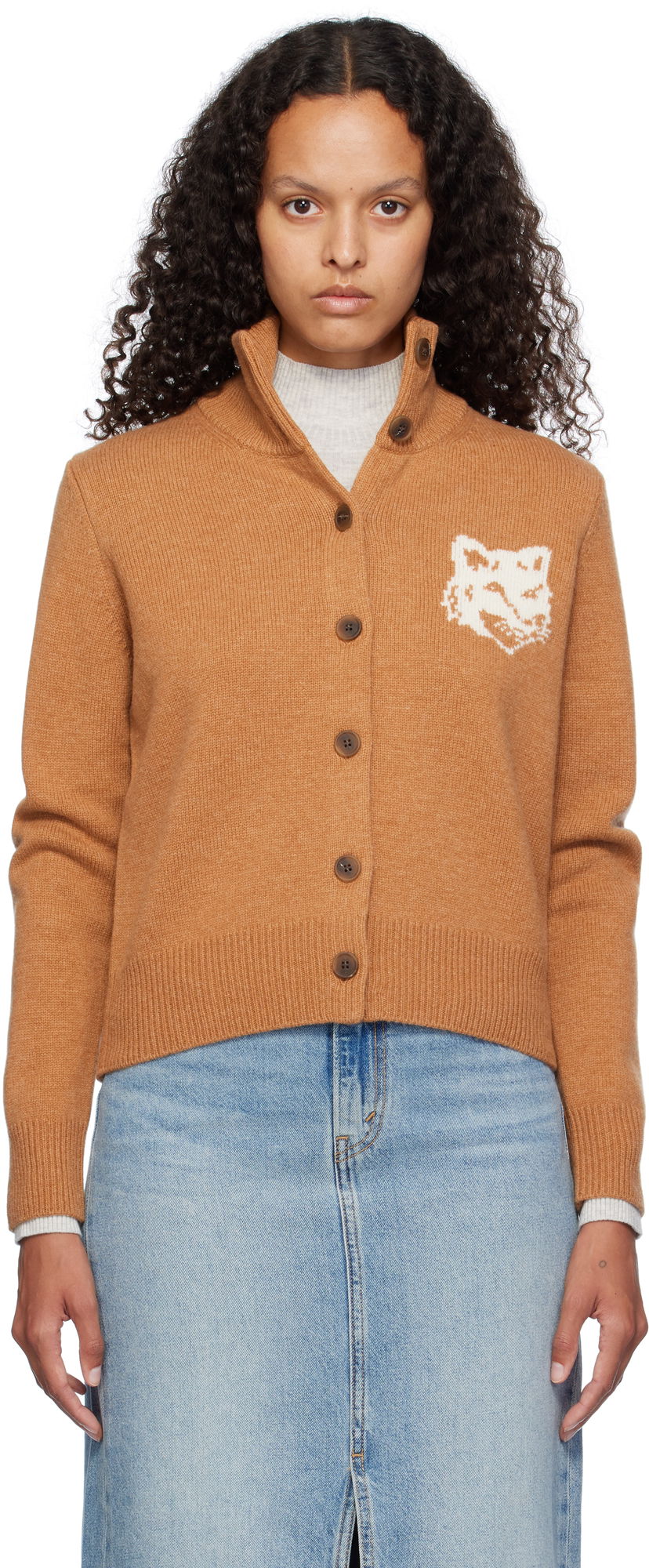 Pleteni pulover MAISON KITSUNÉ Fox Head Intarsia High Neck Cardigan Oranžna | NW00509KM0329
