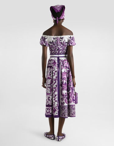 Krop-top Dolce & Gabbana Dolce & Gabbana Majolica-Print Poplin Off-Shoulder Tie-Front Top Lila | F7AV0THH5EPI13TN, 2