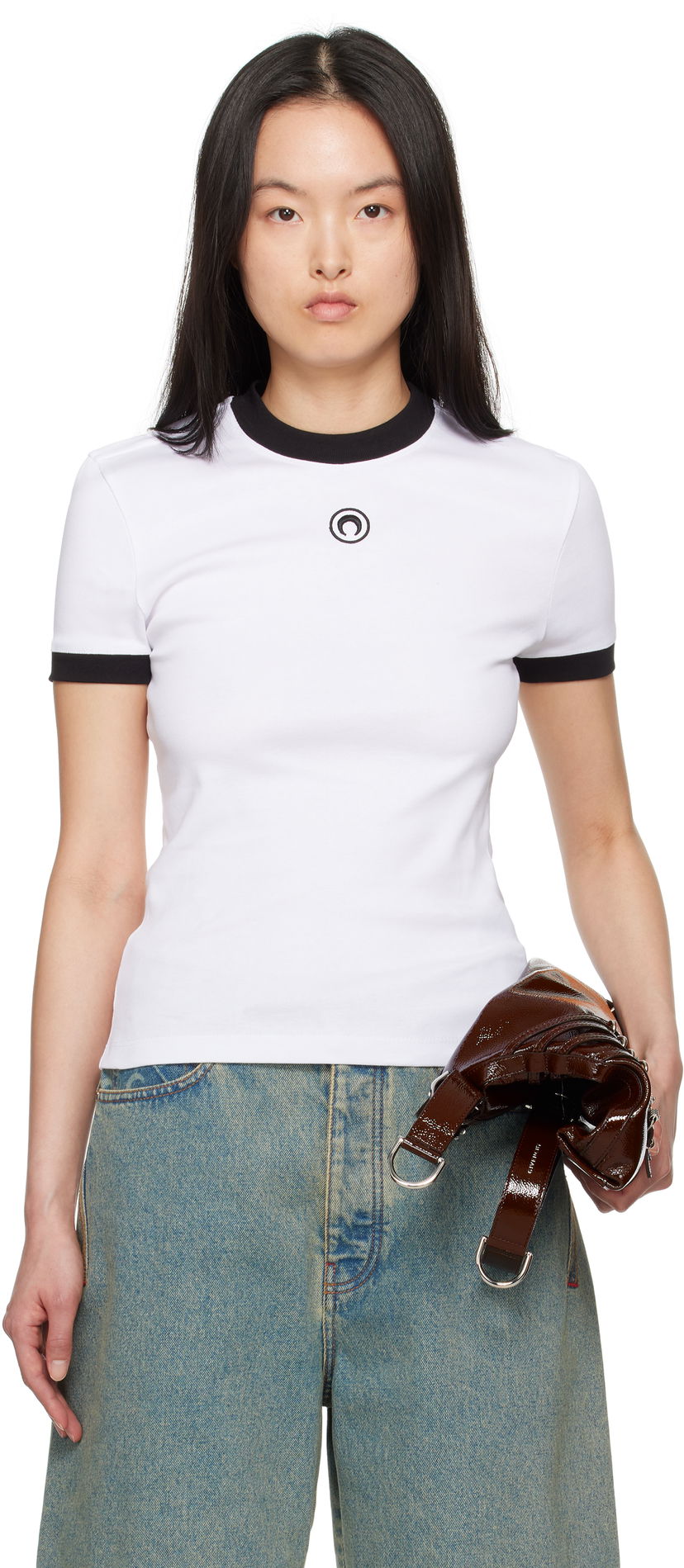 Majica Marine Serre Marine Serre Moon Logo Fitted Jersey T-Shirt Bela | MTT088B CJER0008