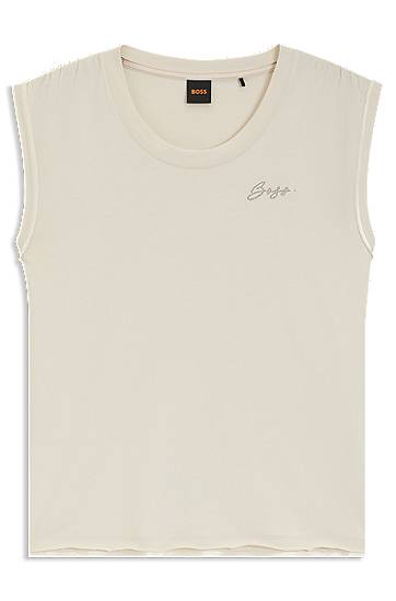 Majica brez rokavov BOSS BOSS Cotton-Jersey Sleeveless Top with Logo Bež | 50545521