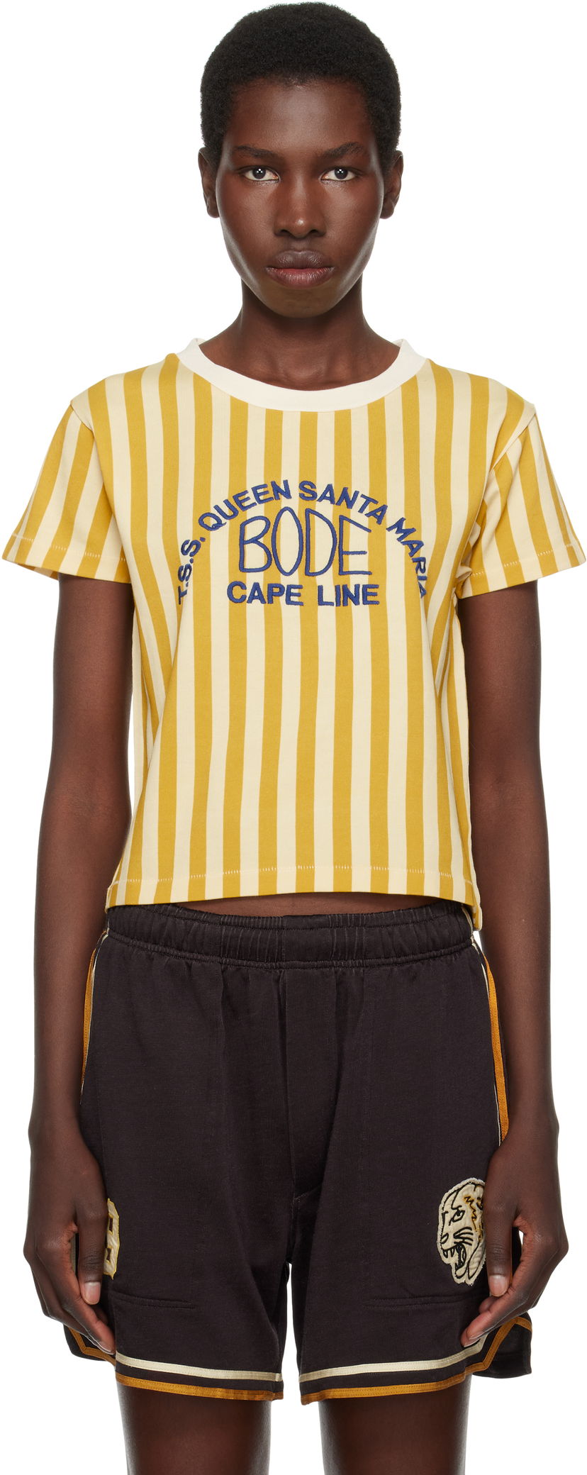 Krop-top Bode Bode Striped Cropped T-Shirt Rumena | WRS25CS023