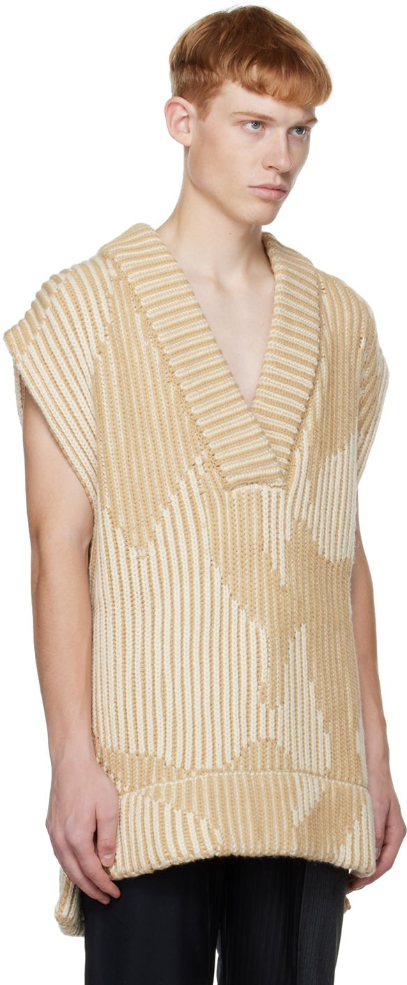Pleteni pulover Feng Chen Wang Feng Chen Wang Jacquard Oversized V-Neck Vest Bež | FUF14KT06K, 1