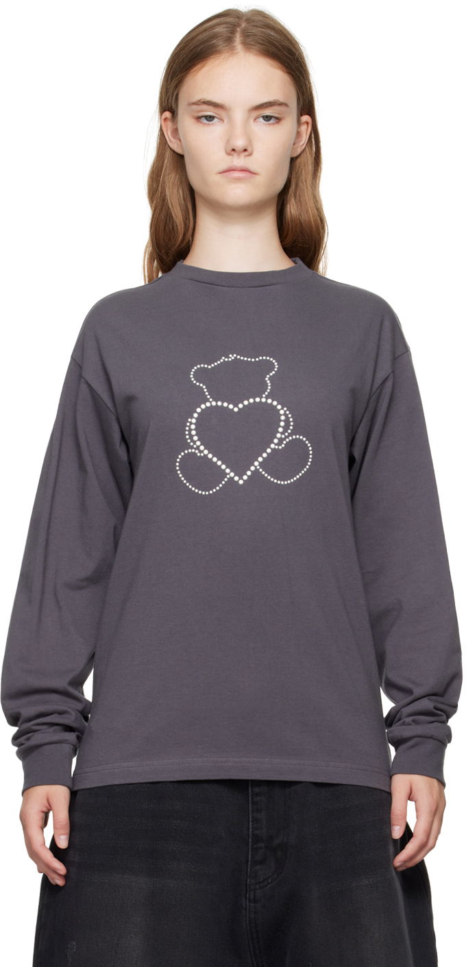 Majica We11done Pearl Bear Long Sleeve T-Shirt Siva | WD-TT2-24-781-U-CH