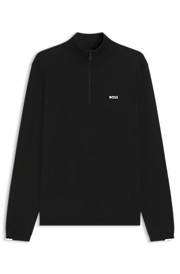 Pleteni pulover BOSS Zip-neck cotton sweater with logo print Črna | 50541965