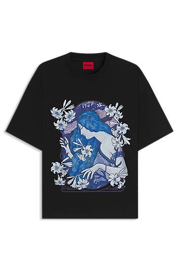 Majica BOSS Cotton-jersey T-shirt with Art Nouveau woman and lily print Črna | 50548466