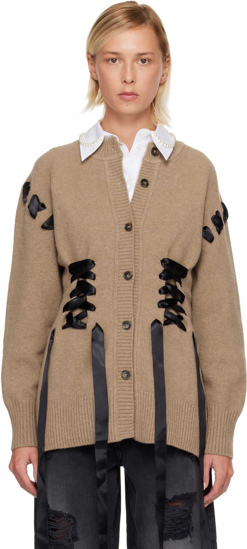 Pleteni pulover Simone Rocha Simone Rocha Sculpted Ribbon Corset Cardigan Bež | LMK8 0660