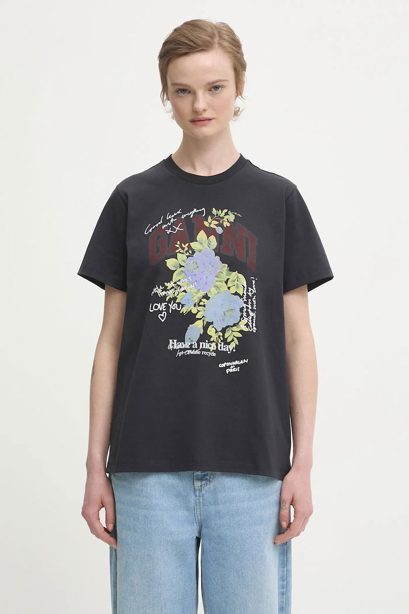 Majica GANNI Basic Cotton Jersey Rose T-shirt Črna | T4342