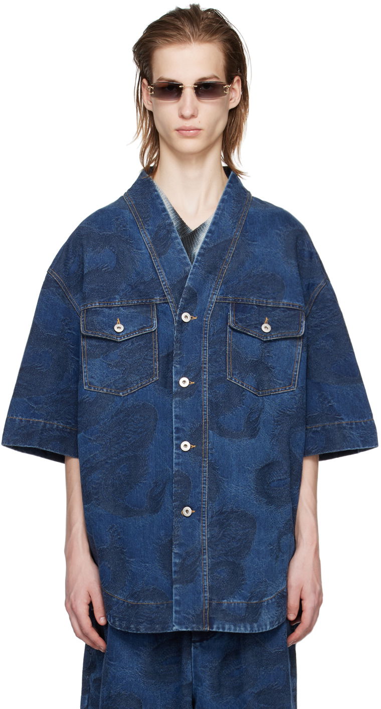 Srajce Feng Chen Wang Feng Chen Wang Dragon Denim Shirt Modra | FMS17SR14