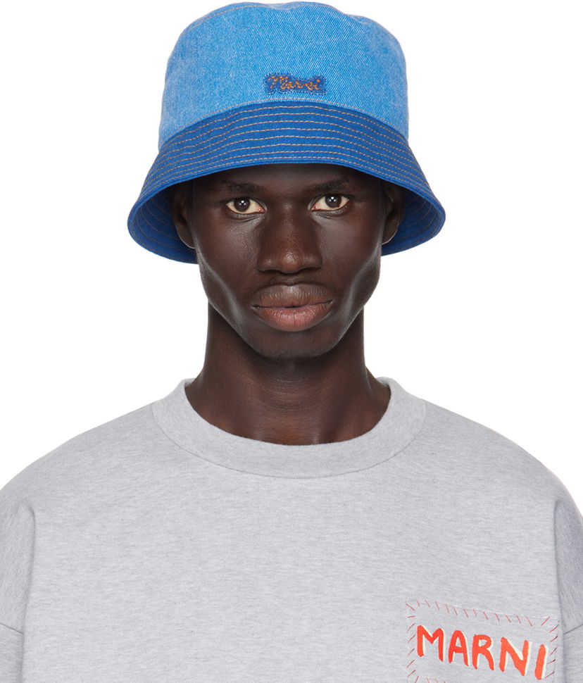 Klobuk Marni Logo Patch Denim Bucket Hat Modra | CLMC0055QX USCY03