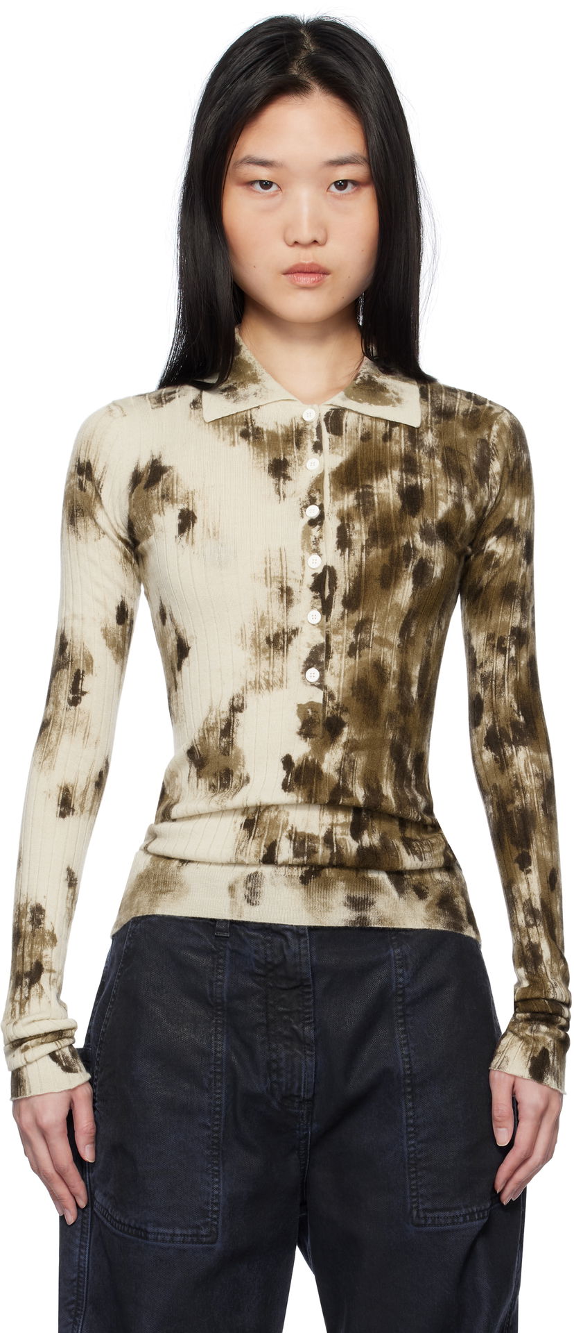 Polo majica The Attico The Attico Animal Print Long Sleeve Polo Bež | 250WCK00112 KWS006PR