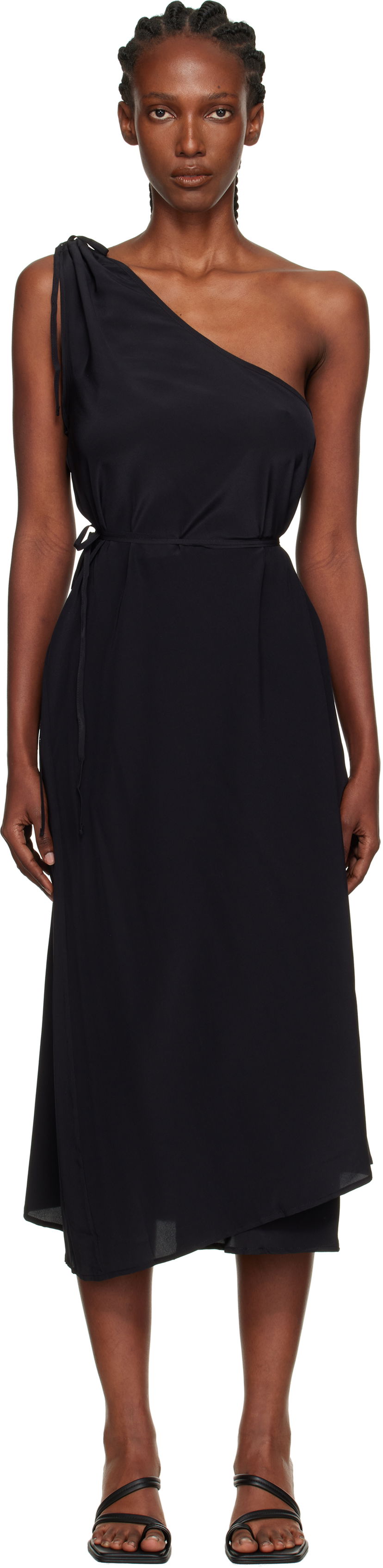 Obleke Baserange Baserange One-Shoulder Midi Dress Črna | DRVI-SC-AU25
