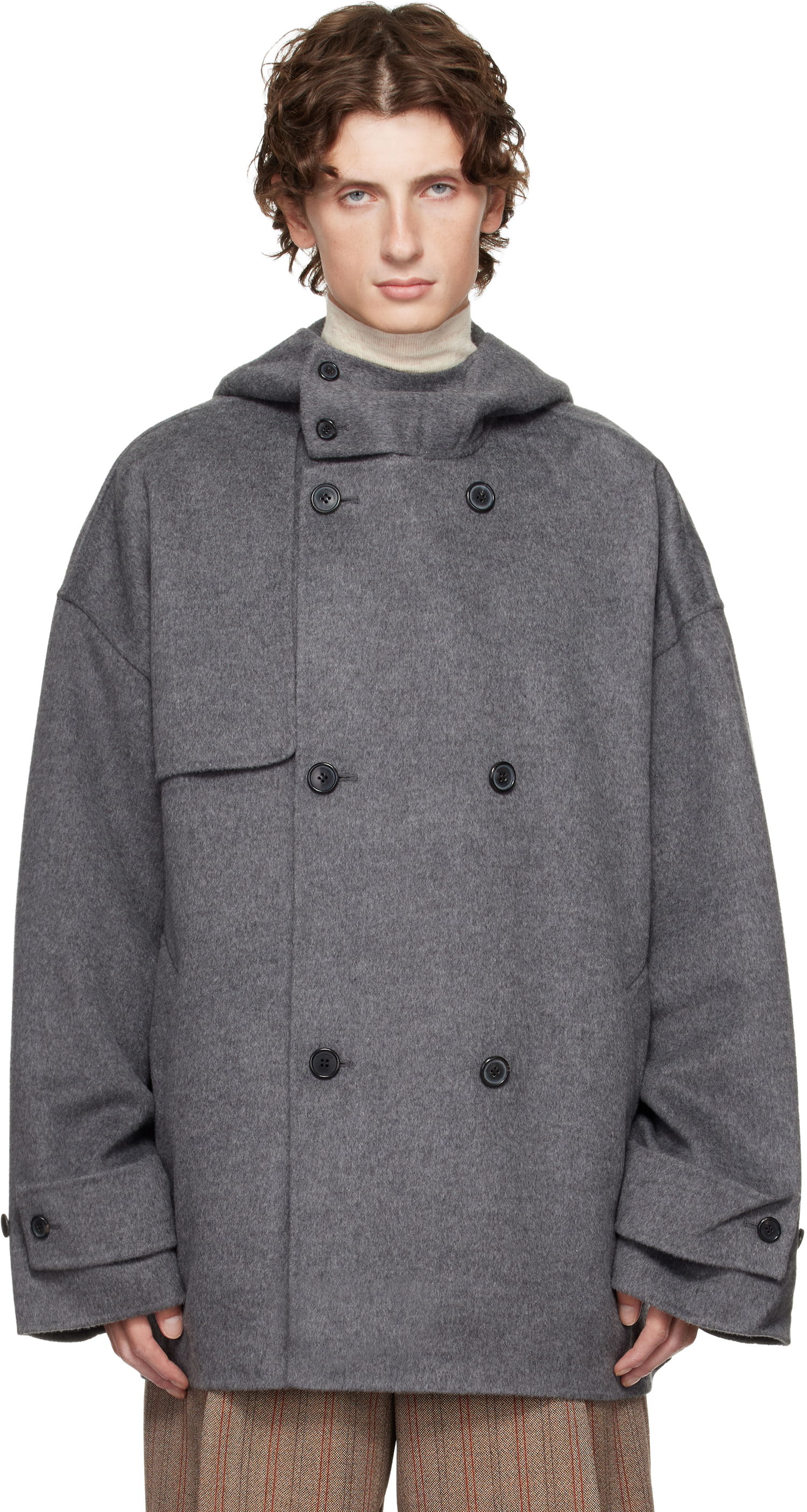 Plašči JW Anderson JW Anderson Oversized Hooded Double-Breasted Felted Peacoat Siva | CO0342-PG1559, 0