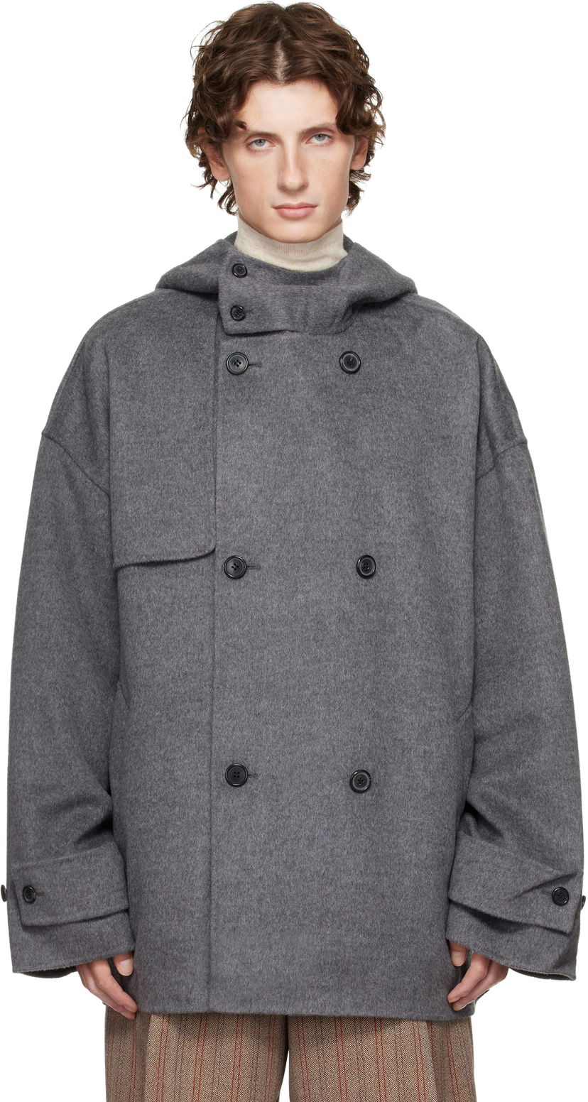 Plašči JW Anderson JW Anderson Oversized Hooded Double-Breasted Felted Peacoat Siva | CO0342-PG1559
