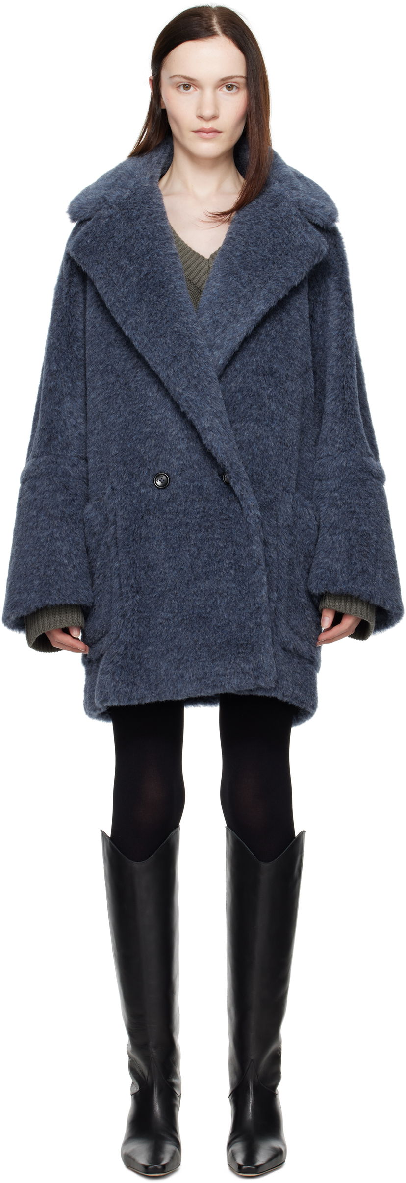 Plašči Max Mara Double-Breasted Faux Fur Coat Modra | 2421016142600 MM10506