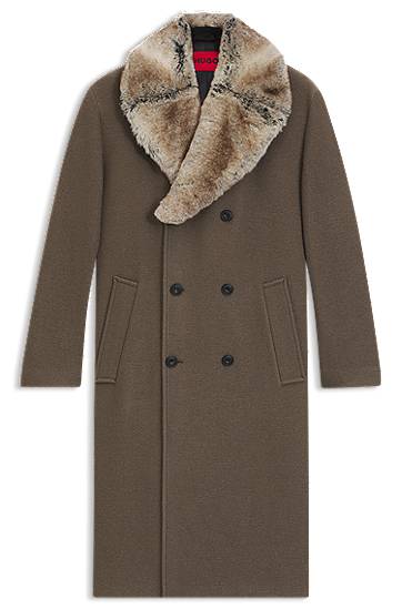 Plašči BOSS Virgin-wool double-breasted coat with removable faux-fur collar Rjava | 50546526