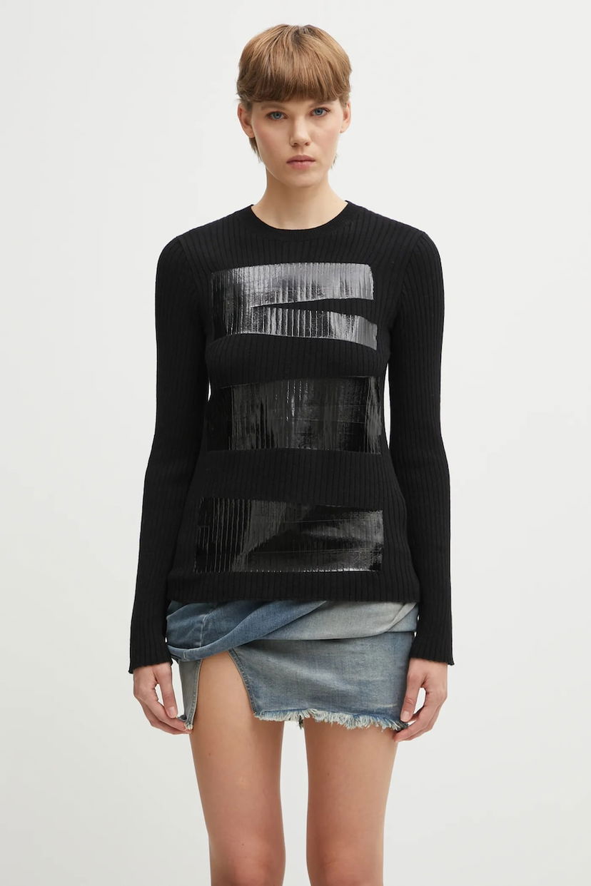 Pleteni pulover Maison Margiela MM6 Maison Margiela Ribbed Wool Blend Long-Sleeve Sweater with Shiny Panels Črna | S62HL0041.M13196.900S
