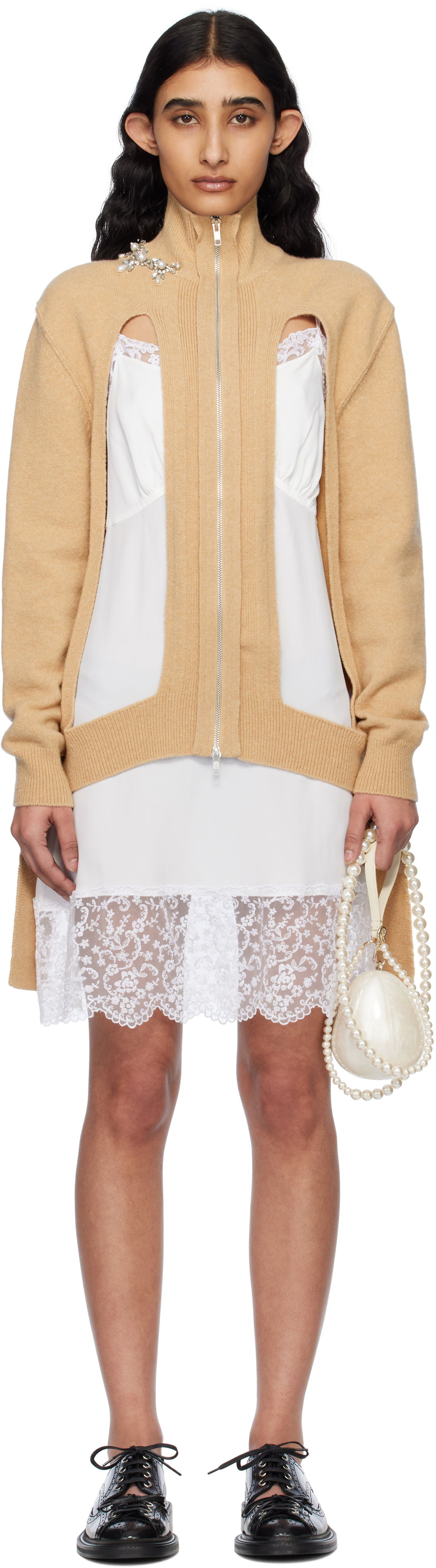 Obleke Simone Rocha Simone Rocha Embellished Window Zip Cardigan Bež | LMK4BW 0660, 0