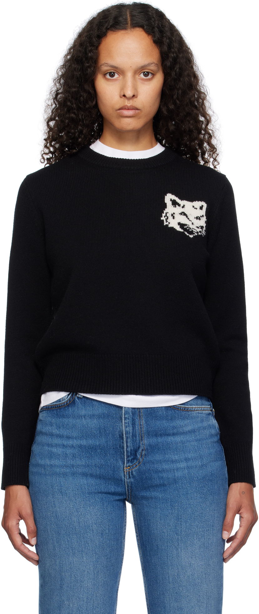 Pleteni pulover MAISON KITSUNÉ Fox Head Intarsia Comfort Sweater Črna | NW00808KM0329