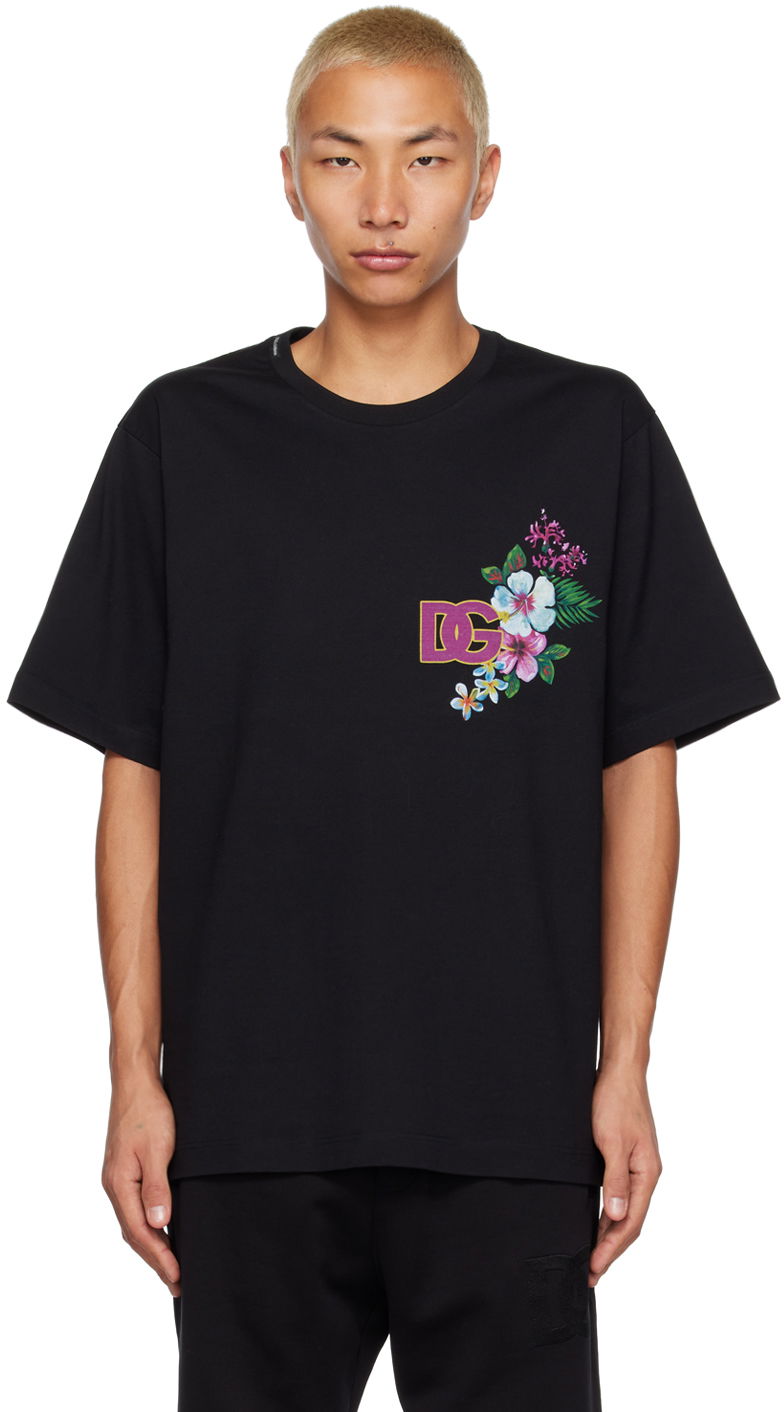 Majica Dolce & Gabbana Floral Logo Print Black T-Shirt Črna | G8PJ0ZG7HBV