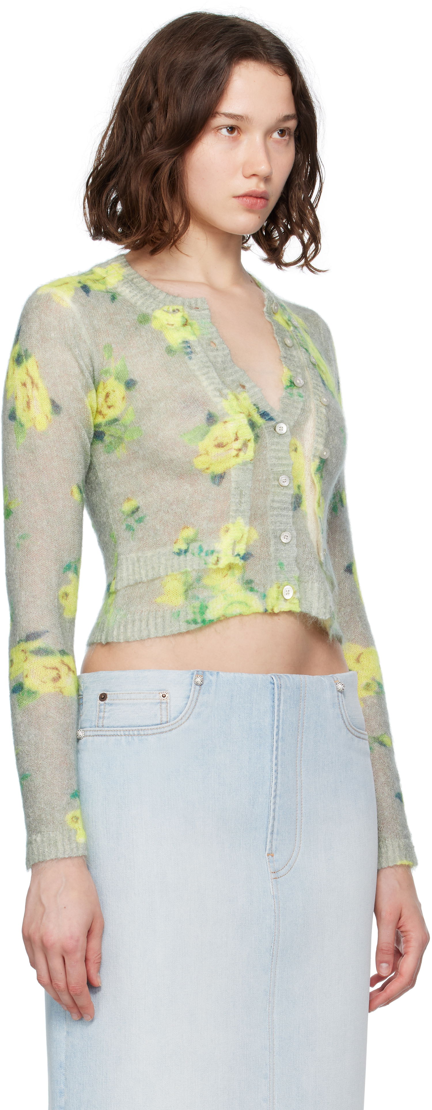 Pleteni pulover Acne Studios Acne Studios Layered Mohair Floral Cardigan Zelena | A60570-, 1
