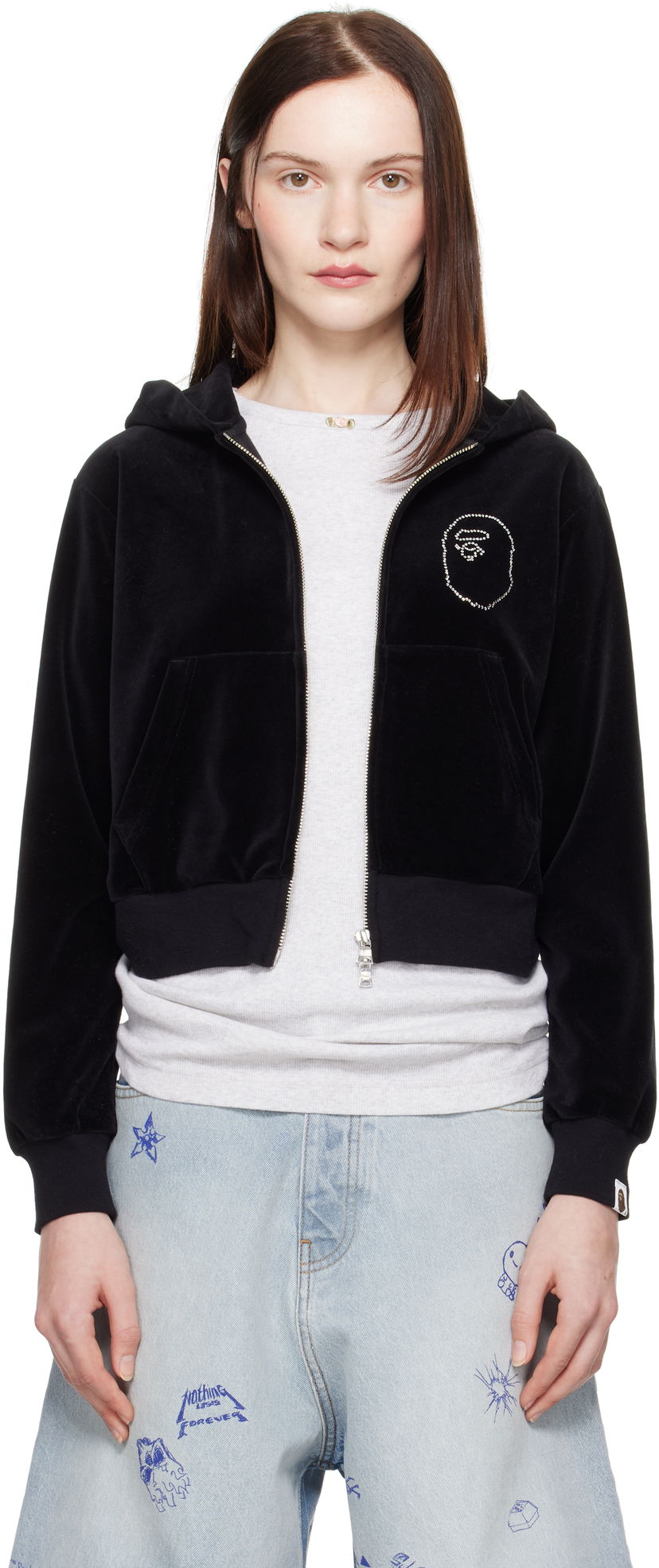 Pulover BAPE A Bathing Ape Crystal Stone Ape Head Velour Cropped Hoodie Črna | 001ZPK802004L