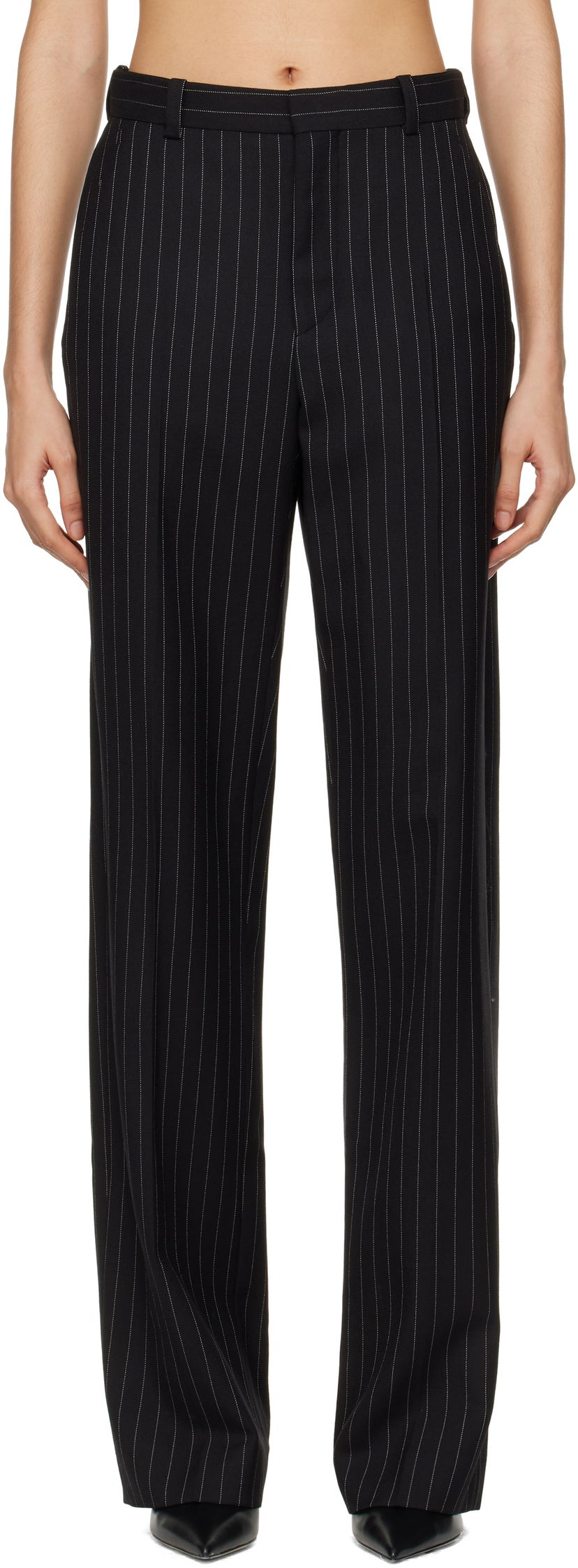 Hlače WARDROBE.NYC Straight Leg Pinstripe Trousers Črna | W2214F24PS