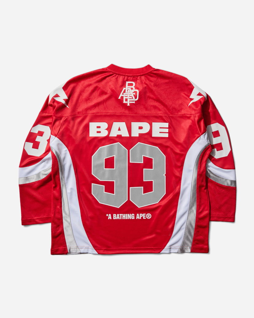 Dres BAPE Jacquard Relaxed Fit Ice Hockey Jersey with 93 and Lightning Bolt Details Rdeča | 1L80111313 RED