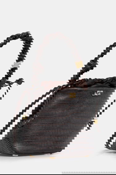 Torbica GANNI Bou Braided Handle Crocodile-Embossed Drawstring Bucket Bag Rjava | A6697, 1