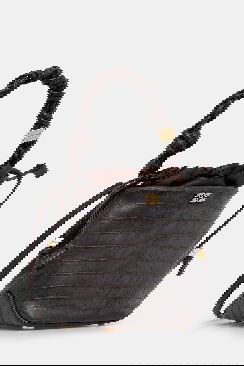 Torbica GANNI Bou Braided Handle Crocodile-Embossed Drawstring Bucket Bag Rjava | A6697, 1