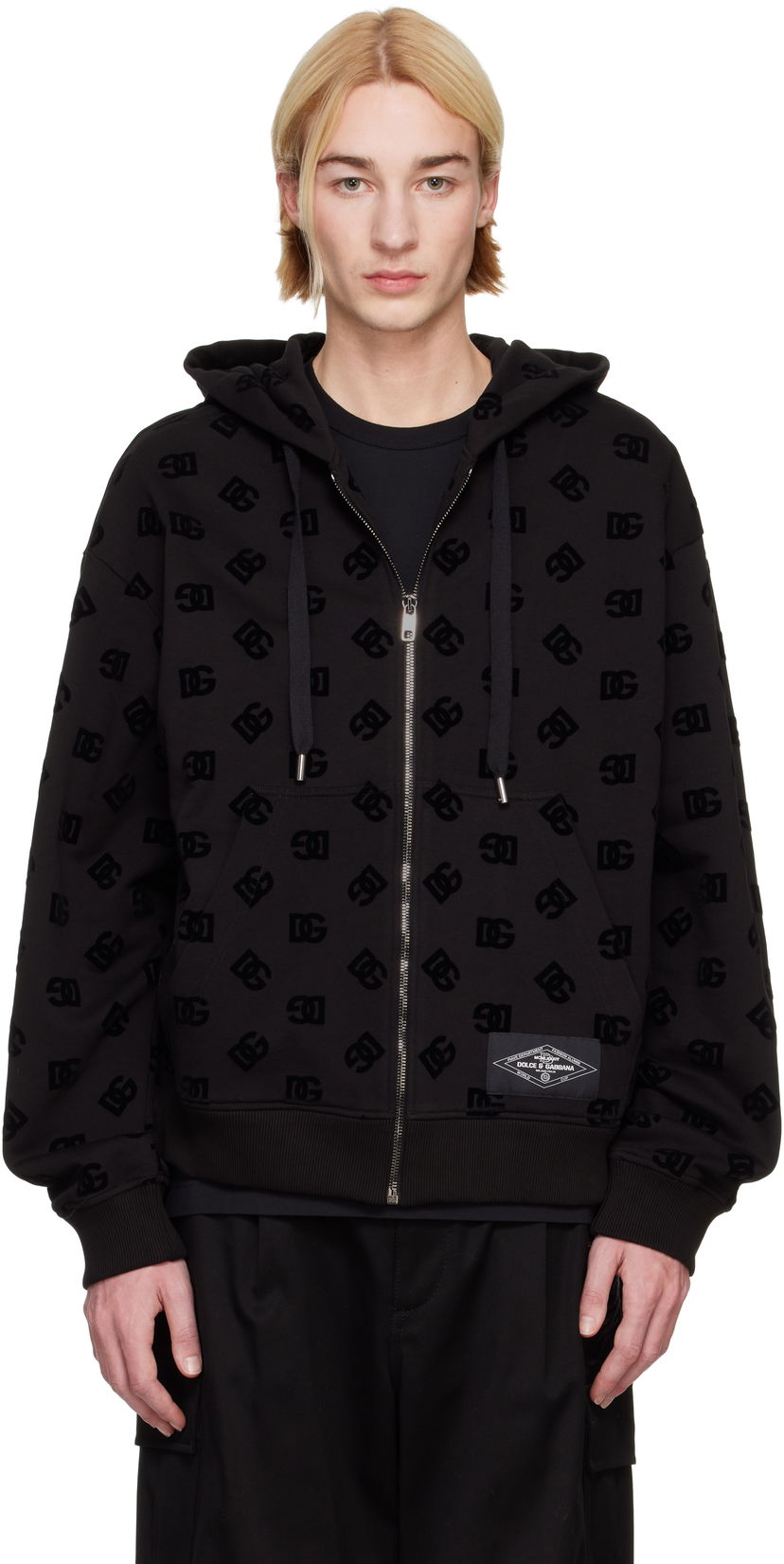 Pulover Dolce & Gabbana Flocked Logo Zip-Up Hoodie Črna | G9AIYTG7NWD