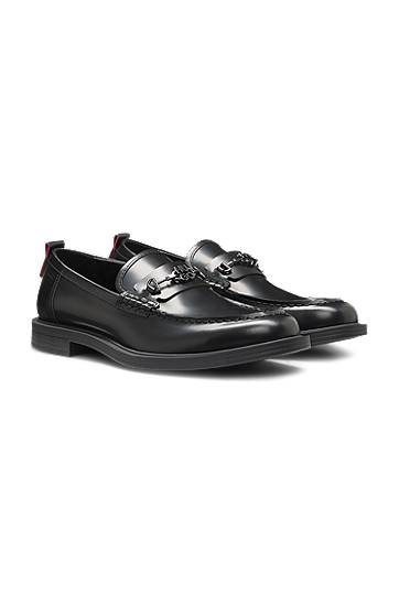 Oblačila in dodatki BOSS Stacked-Logo Bit Leather Loafers Črna | 50548574