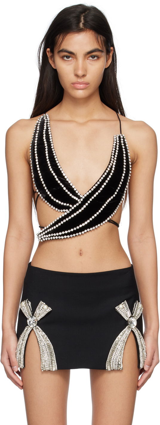 Krop-top Area Crystal Trim Banana Tank Top Črna | 2302T64210
