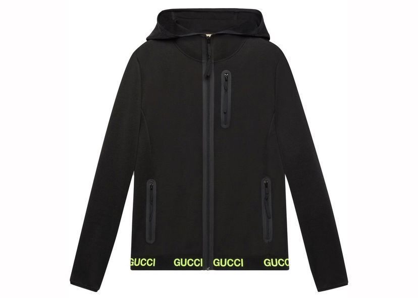 Jakna Gucci Logo-Print Hooded Technical Jacket Black Yellow Črna | 693081 XJDS5 1131