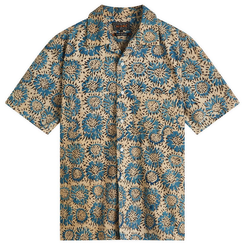 Srajce BEAMS Beams Plus Open Collar Block Print Sunflower Shirt, Size Medium Bež | 3801-0167-139-75