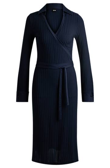 Obleke BOSS Lustrous Ribbed Jersey Wrap Dress Mornarica | 50532044