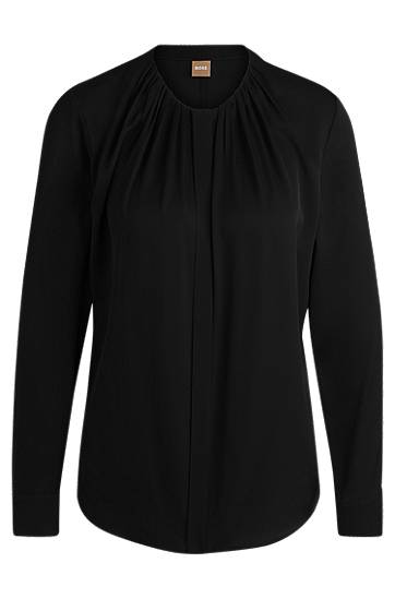 Srajce BOSS Stretch-Silk Crepe de Chine Ruched-Neck Blouse Črna | 50490058