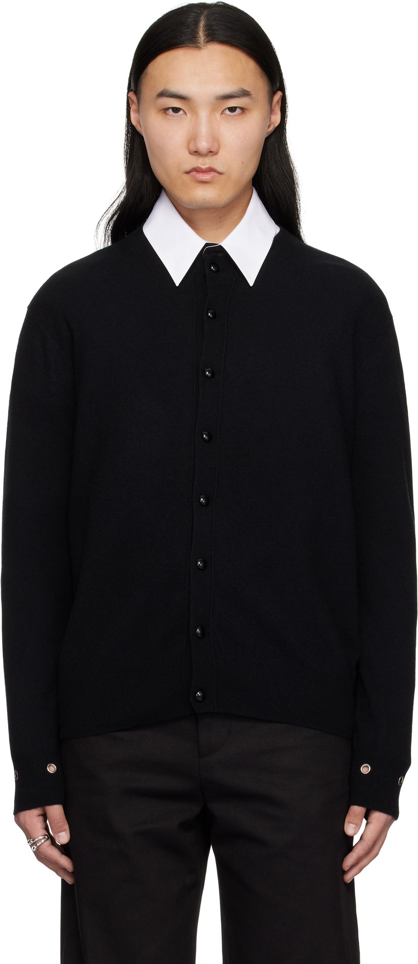 Pleteni pulover We11done We11done Eyelet Detail Cardigan Črna | WD-KC0-25-617-U-BK