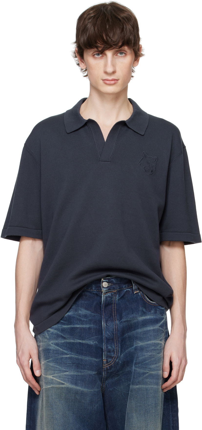 Polo majica MAISON KITSUNÉ Maison Kitsuné Fox Head Embroidered Knitted Polo Mornarica | OM00205KT1135