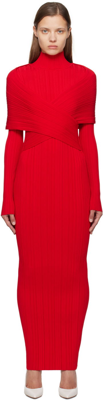 Obleke Balmain Balmain Pleated Knit Maxi Dress Rdeča | DF0RR835KH70