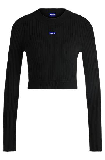 Pleteni pulover BOSS HUGO Cropped Ribbed Sweater Črna | 50518280
