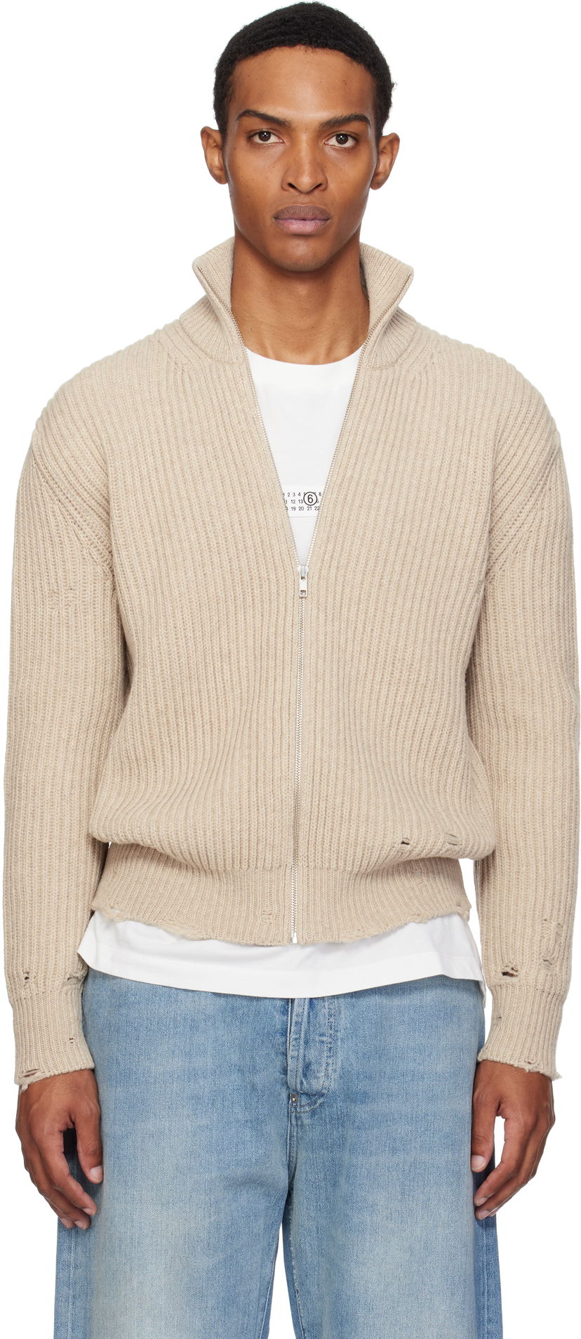 Pleteni pulover Maison Margiela MM6 Maison Margiela Ribbed Knit Zip Sweater Bež | SH0AM0064 M13138