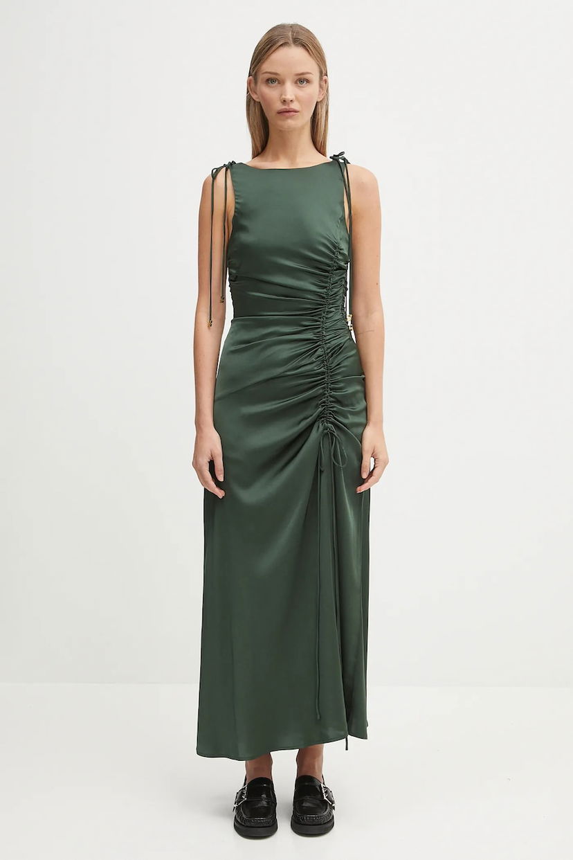 Obleke GANNI GANNI Stretch Satin Gathered Maxi Dress Zelena | W0739