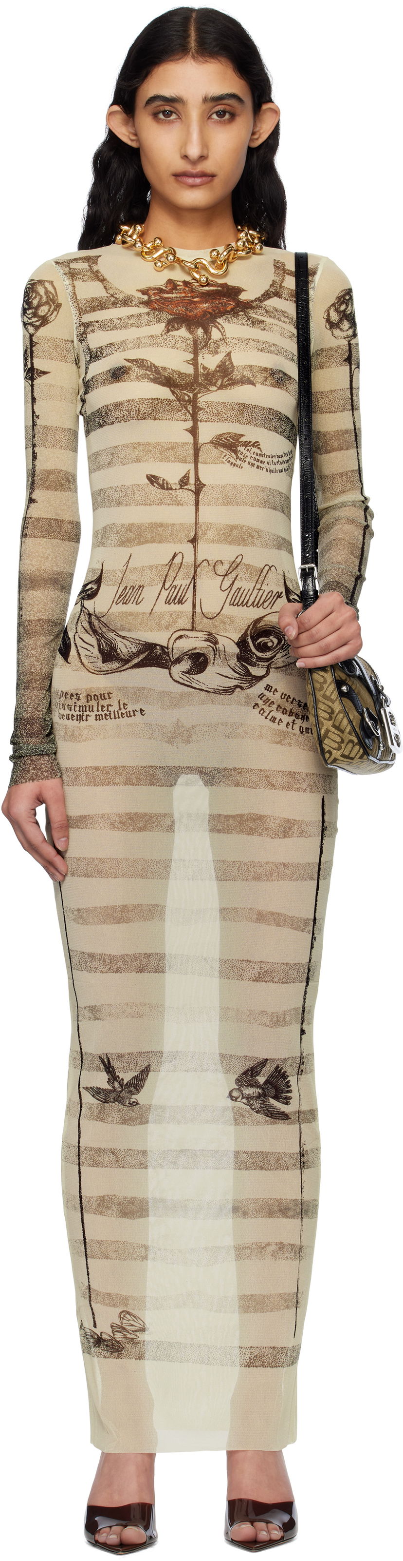 Obleke Jean Paul Gaultier Jean Paul Gaultier Tattoo Marinière Maxi Dress Bež | 25/34-F-RO396-T585-030030