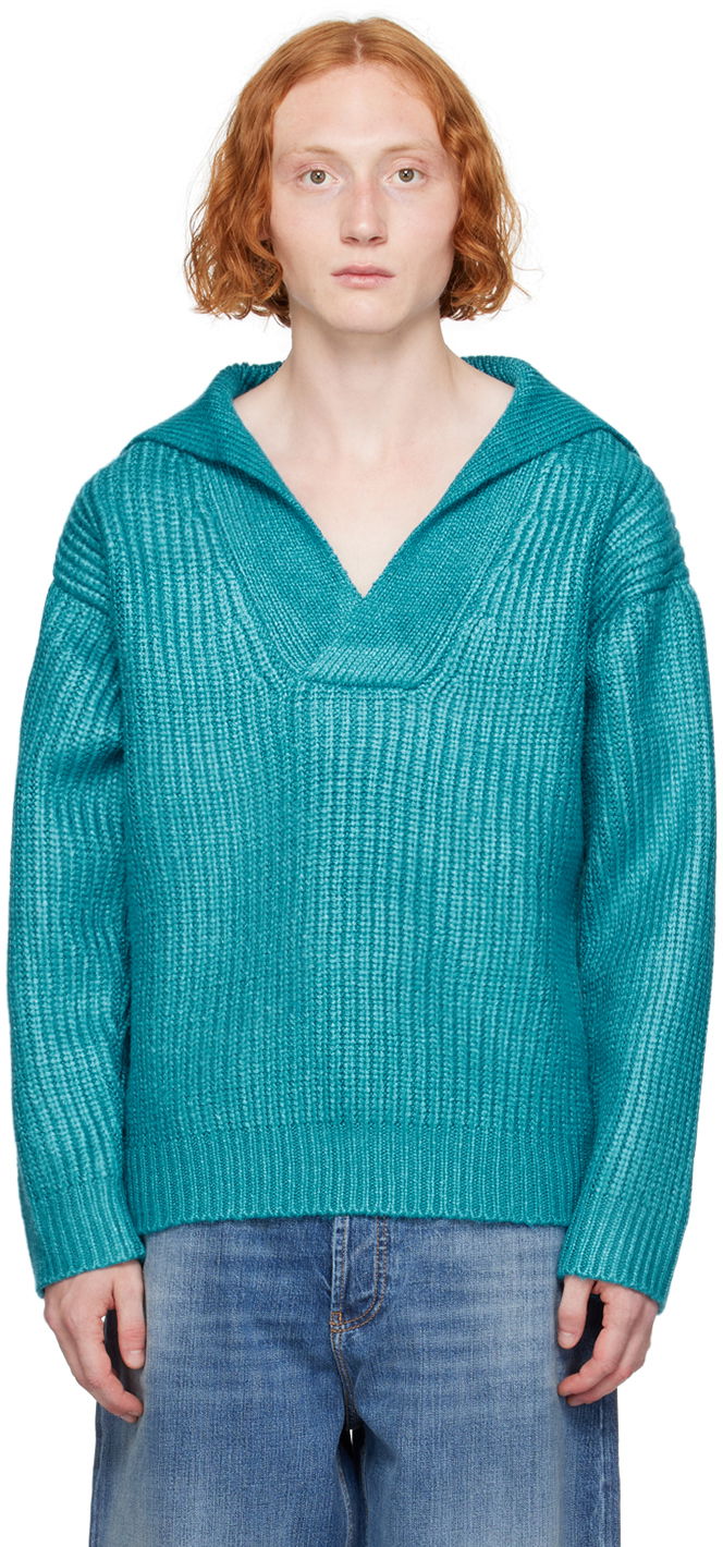 Pleteni pulover Valentino Blue V-Neck Sweater Turkizna | 5V0KC31FAH6