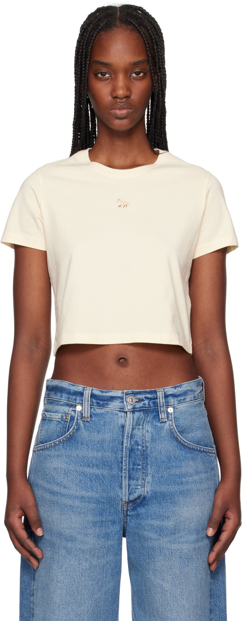 Krop-top MAISON KITSUNÉ Maison Kitsuné Baby Fox Patch Cropped T-Shirt Bež | MW00105KJ0008