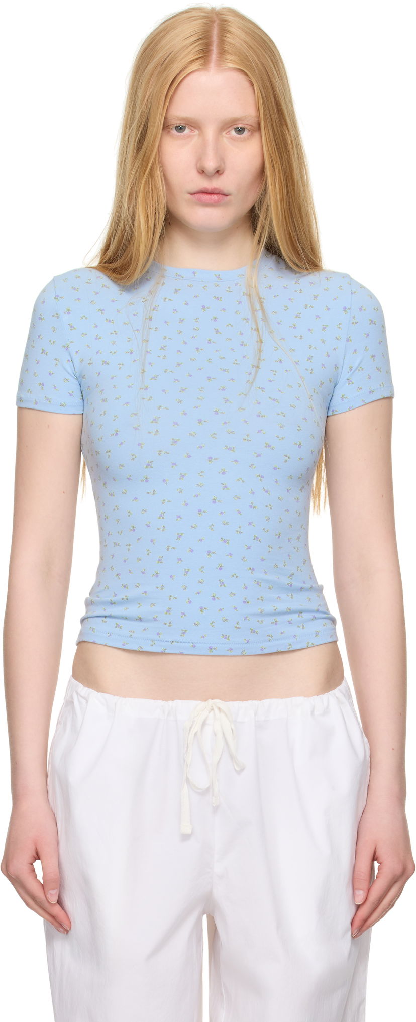 Majica SKIMS SKIMS Cotton Jersey T-Shirt with Floral Print Modra | SS-STT-9004W