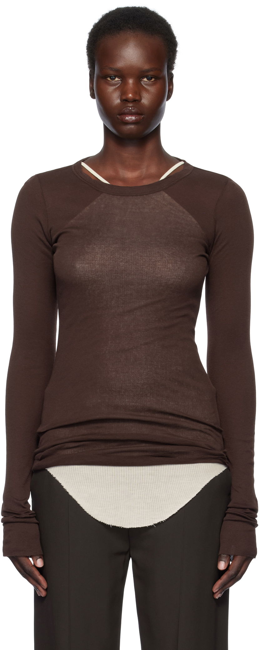 Pleteni pulover Rick Owens Rick Owens Hollywood Rib Long Sleeve T-Shirt Rjava | RP01E7202 MR